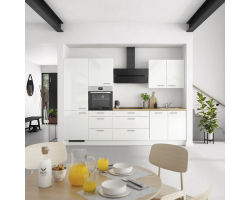 Bloc cuisine complète équipée NOBILIA Modern 300 cm façade blanche à haute brillance, corps blanc variante à gauche monté