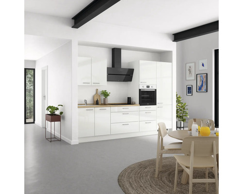 Bloc cuisine complète NOBILIA Modern 300 cm façade blanche à haute brillance, corps blanc variante à droite monté