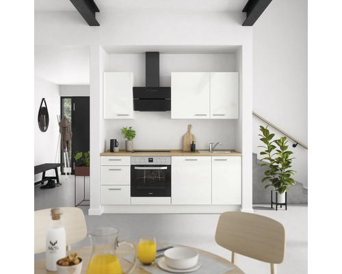Bloc cuisine complète équipée NOBILIA Modern 210 cm façade blanche à haute brillance, corps blanc variante à gauche monté