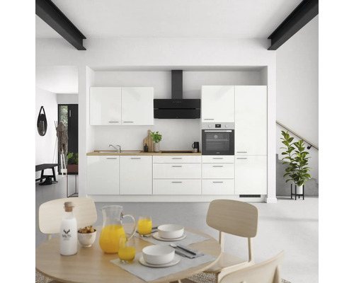 Bloc cuisine complète NOBILIA Modern 330 cm façade blanche à haute brillance, corps blanc variante à droite monté