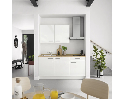 Bloc cuisine complète NOBILIA Modern 180 cm façade blanche à haute brillance, corps blanc variante à droite monté