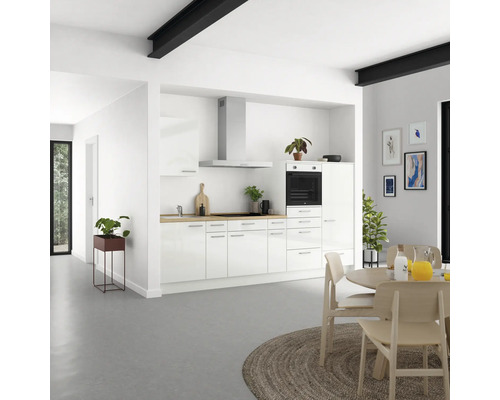 Bloc cuisine complète NOBILIA Modern 300 cm façade blanche à haute brillance, corps blanc variante à droite monté