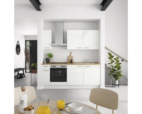Bloc cuisine complète équipée NOBILIA Modern 210 cm façade blanche à haute brillance, corps blanc variante à gauche monté
