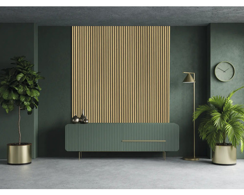 Salon avec panneau acoustique, buffet, lampadaire, horloge et plantes