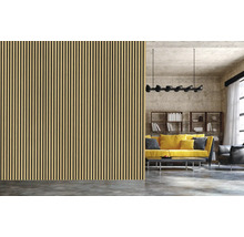 Salon avec des panneaux muraux en bois et un design rainuré