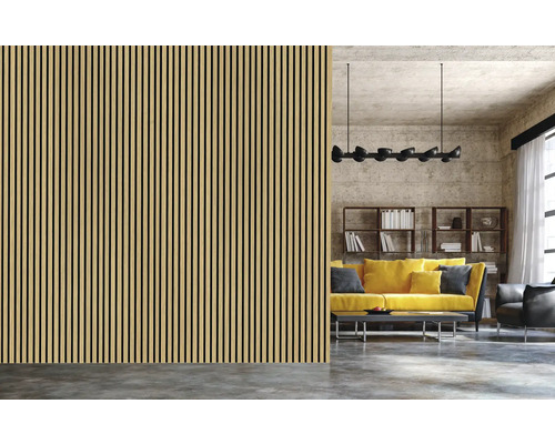 Salon avec des panneaux muraux en bois et un design rainuré