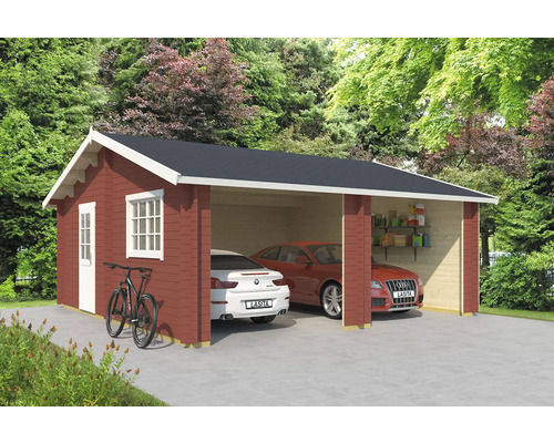 Garage double Outdoor Life Falkland sans portes 575 x 575 cm rouge de Falun Garage double en bois avec deux voitures et un vélo dans le jardin