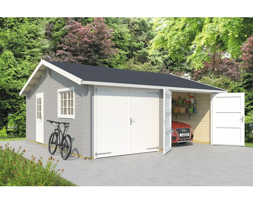 Garage double Outdoor Life Falkland avec portes en bois 575 x 575 cm gris clair