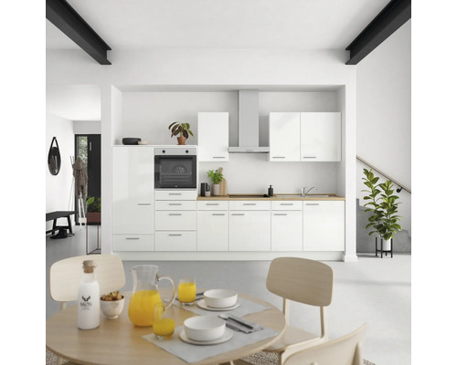Bloc cuisine complète équipée NOBILIA Modern 330 cm façade blanche à haute brillance, corps blanc variante à gauche monté