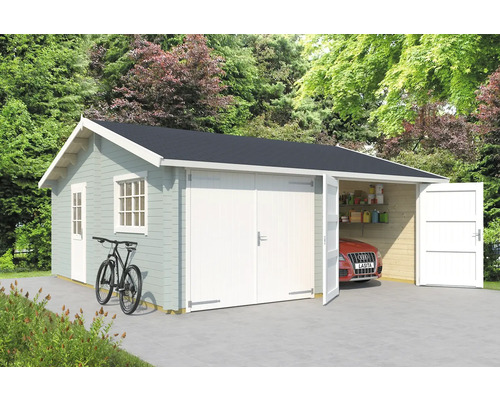 Garage double Outdoor Life Falkland avec portes en bois 575 x 575 cm vert glacier