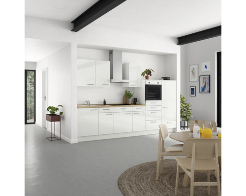 Bloc cuisine complète NOBILIA Modern 330 cm façade blanche à haute brillance, corps blanc variante à droite monté