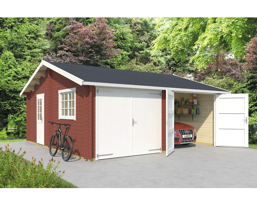 Garage double Outdoor Life Falkland avec portes en bois 575 x 575 cm rouge de Falun