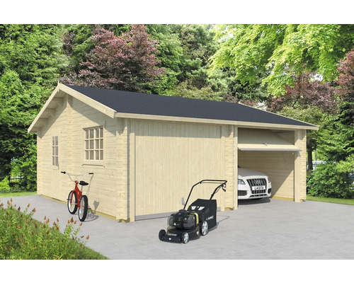 Holzgarage mit Anbau, Rasenmäher und Fahrrad im Garten