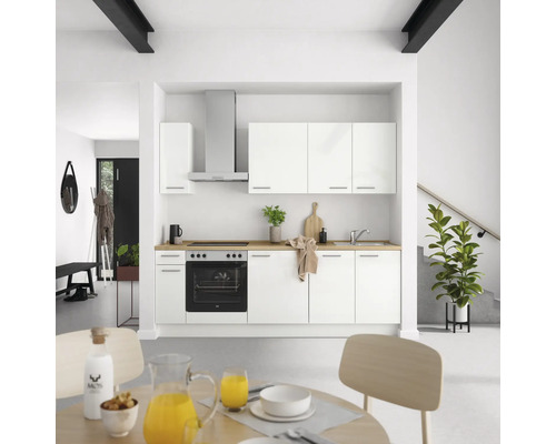 Bloc cuisine complète équipée NOBILIA Modern 240 cm façade blanche à haute brillance, corps blanc variante à gauche monté