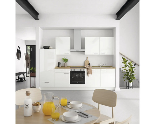 Bloc cuisine complète équipée NOBILIA Modern 300 cm façade blanche à haute brillance, corps blanc variante à gauche monté