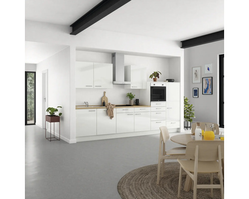 Bloc cuisine complète NOBILIA Modern 360 cm façade blanche à haute brillance, corps blanc variante à droite monté