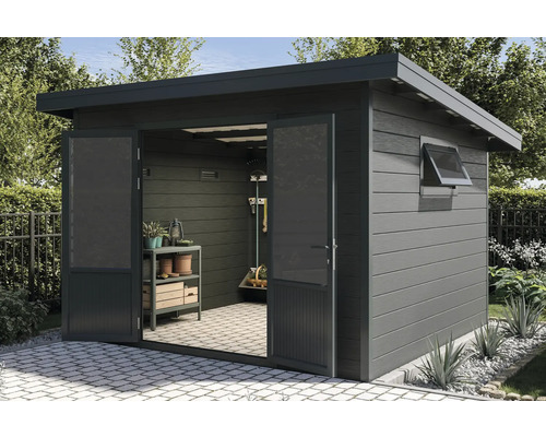 Abri de jardin Finnhaus WPC-Style D y compris local technique gouttière 303 x 303 cm anthracite Abri de jardin Finnhaus WPC-Style D y compris local technique gouttière 303 x 303 cm anthracite