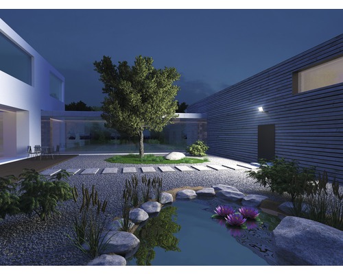 Moderne Gartengestaltung mit Teich, Steinen, Pflanzen und Beleuchtung