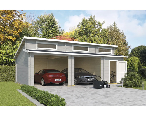 Garage double Outdoor Life Hawaii sans portes, espace outils 780x520 cm gris clair