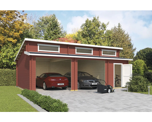 Garage double Outdoor Life Hawaii sans portes, espace outils 780x520 cm rouge de Falun