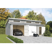 Garage double en bois avec voiture, tondeuse à gazon et vélos