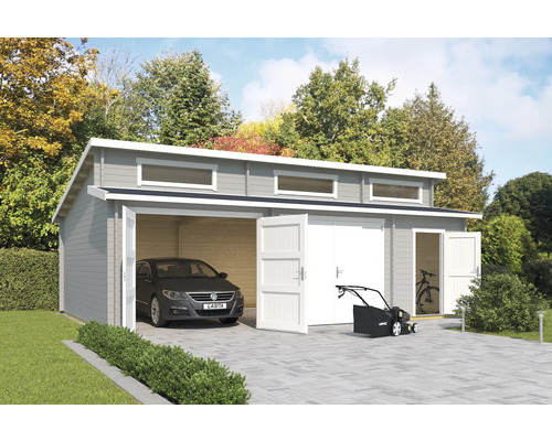 Garage double Outdoor Life Hawaii avec portes en bois, espace outils 780x520 cm gris clair