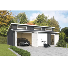 Garage double en bois avec voiture, tondeuse à gazon et vélo
