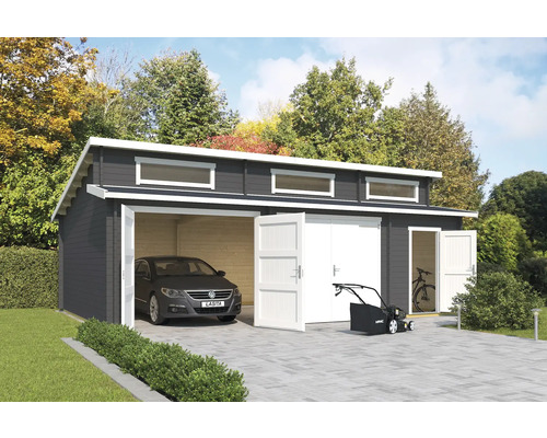 Garage double Outdoor Life Hawaii avec portes en bois, espace outils 780x520 cm gris carbone