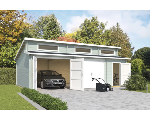 Garage double Outdoor Life Hawaii avec portes en bois, espace outils 780x520 cm vert glacier