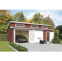 Grand garage en bois avec deux portes, voiture, tondeuse à gazon et vélo