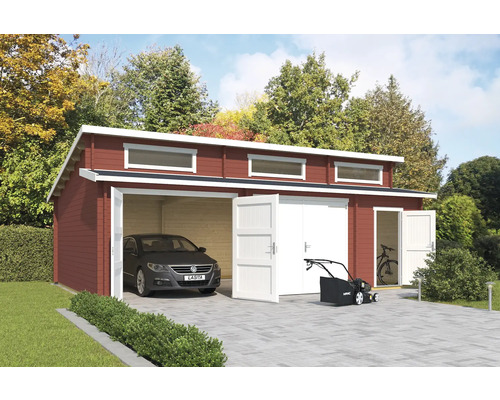 Garage double Outdoor Life Hawaii avec portes en bois, espace outils 780x520 cm rouge de Falun