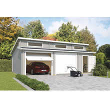 Garage double en bois avec voiture, tondeuse à gazon et vélos