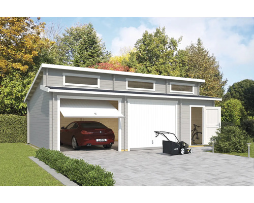 Garage double Outdoor Life Hawaii avec portes basculantes, espace outils 780x520 cm gris clair