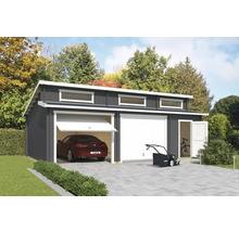 Garage double en bois avec voiture, tondeuse à gazon et vélo