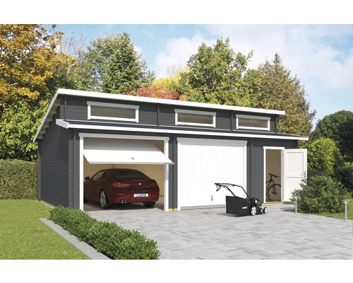 Garage double Outdoor Life Hawaii avec portes basculantes, espace outils 780x520 cm gris carbone