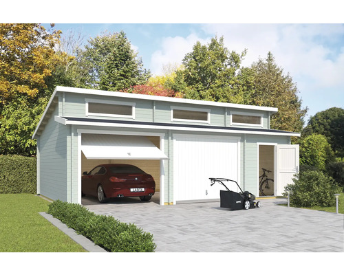 Garage double Outdoor Life Hawaii avec portes basculantes, espace outils 780x520 cm vert glacier