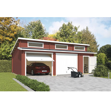 Garage double en bois avec voiture, tondeuse à gazon et vélo