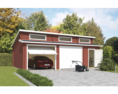 Garage double Outdoor Life Hawaii avec portes basculantes, espace outils 780x520 cm rouge de Falun