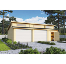 Garage double en bois avec porte d''entrée secondaire et bandeau de fenêtres
