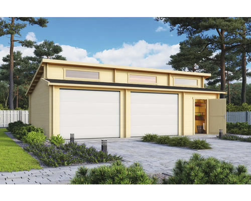 Garage double Outdoor Life Hawaii avec portes sectionnelles, espace outils 780 x 520 cm naturel