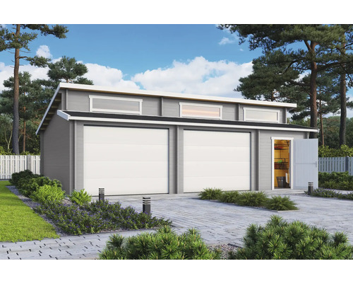 Garage double Outdoor Life Hawaii avec portes sectionnelles, espace outils 780 x 520 cm gris clair