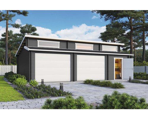 Garage double Outdoor Life Hawaii avec portes sectionnelles, espace outils 780 x 520 cm gris carbone
