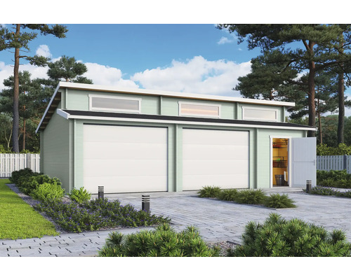 Garage double Outdoor Life Hawaii avec portes sectionnelles, espace outils 780 x 520 cm vert glacier