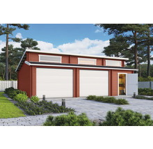 Grand garage double en bois avec fenêtres et porte latérale