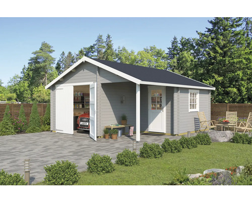 Garage individuel Outdoor Life Nevis avec porte de garage en bois 500 x 550 cm gris clair