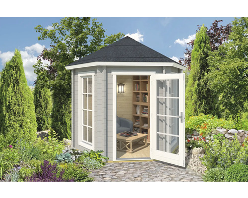 Pavillon Outdoor Life Inverness 44 inkl. Fußboden 280 x 242,5 cm lichtgrau Gartenhaus mit Fenster und geöffneter Doppeltür im Garten