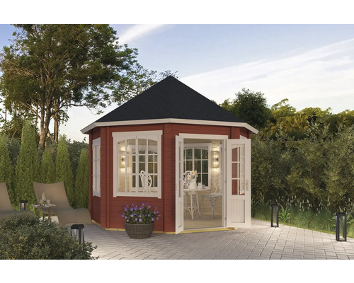 Pavillon Outdoor Life Jamaica avec plancher 346,8 x 346,8 cm rouge de Falun Pavillon de jardin avec fenêtres et double porte en extérieur