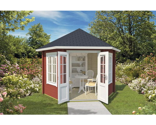 Abri de jardin Outdoor Life Rivera 44 avec plancher 350 x 303,1 cm rouge de Falun Abri de jardin avec portes doubles ouvertes, équipé d''une table, de chaises et d''une bibliothèque.