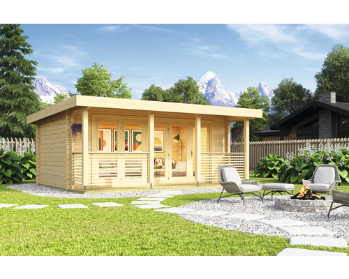 Abri de jardin Outdoor Life Liverpool 1 épaisseur de paroi 70 mm avec plancher, terrasse 610 x 460 cm nature