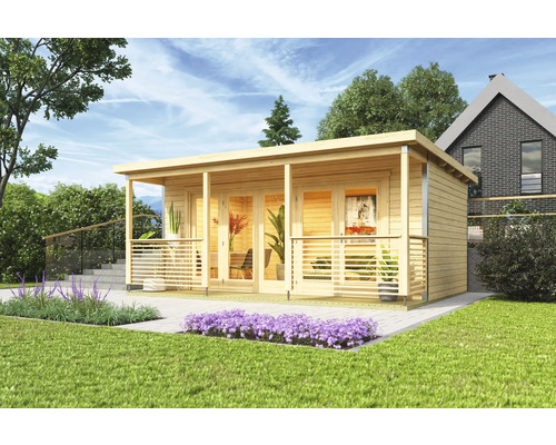 Gartenhaus Outdoor Life Liverpool 2 inkl. Fußboden, Terrasse 580 x 430 cm natur Modernes Gartenhaus aus Holz mit überdachter Terrasse.